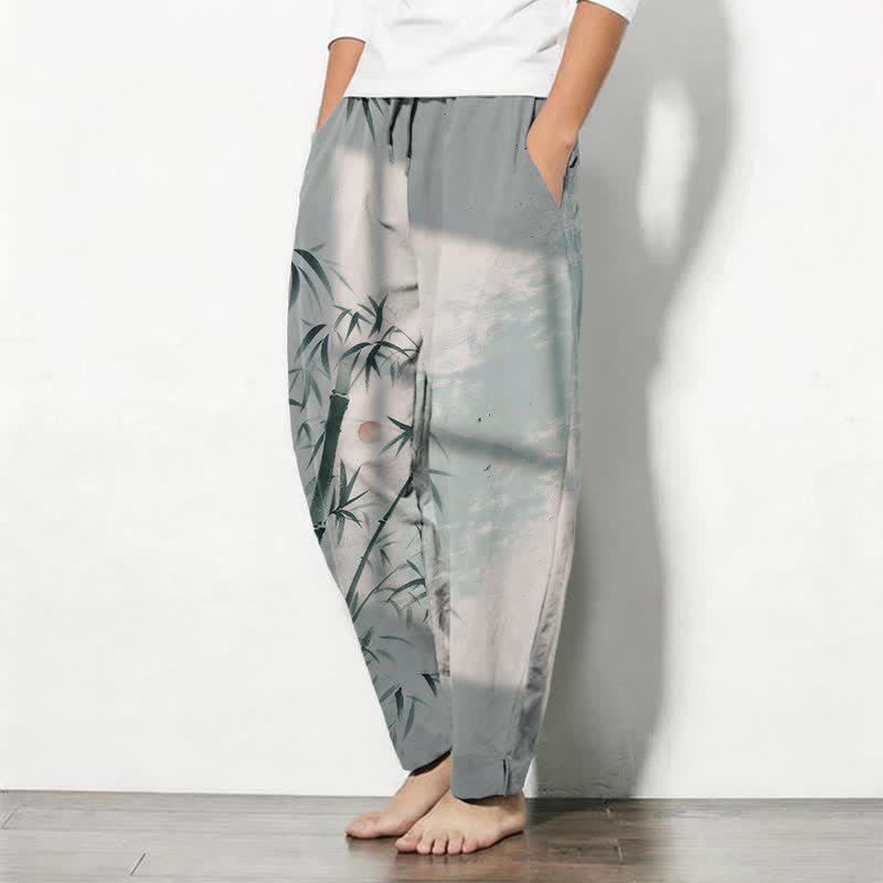 Nimara Ritual Pure Cotton Ink Bamboo Pattern Drawstring Men's Tapered Pants With Pockets