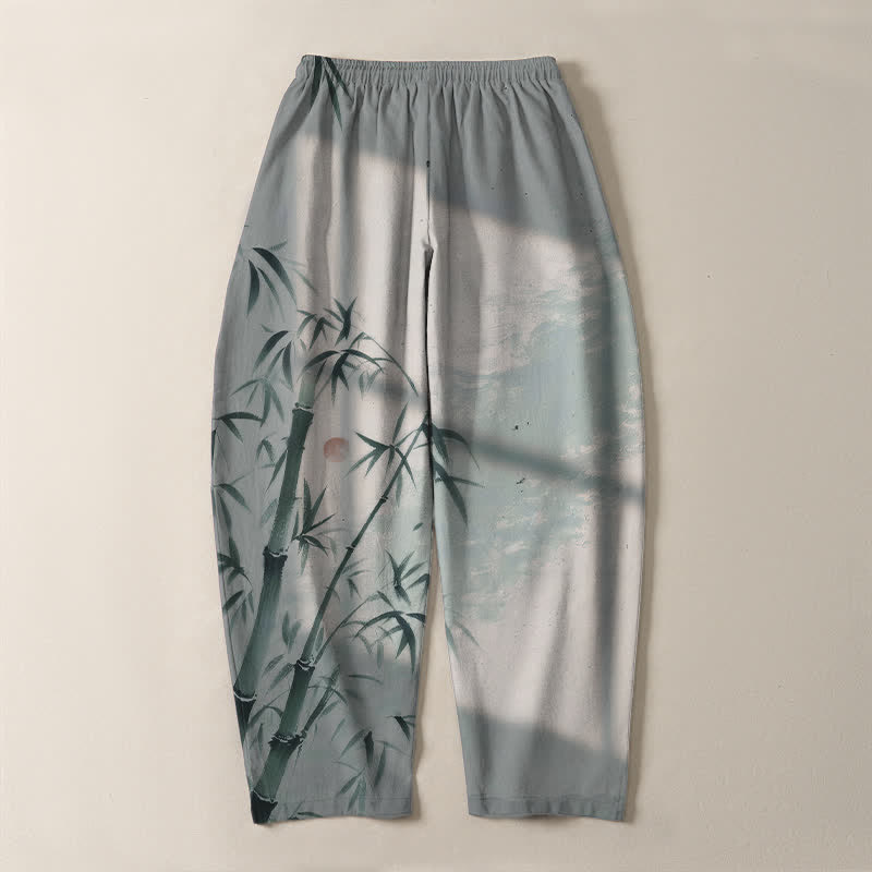Nimara Ritual Pure Cotton Ink Bamboo Pattern Drawstring Men's Tapered Pants With Pockets