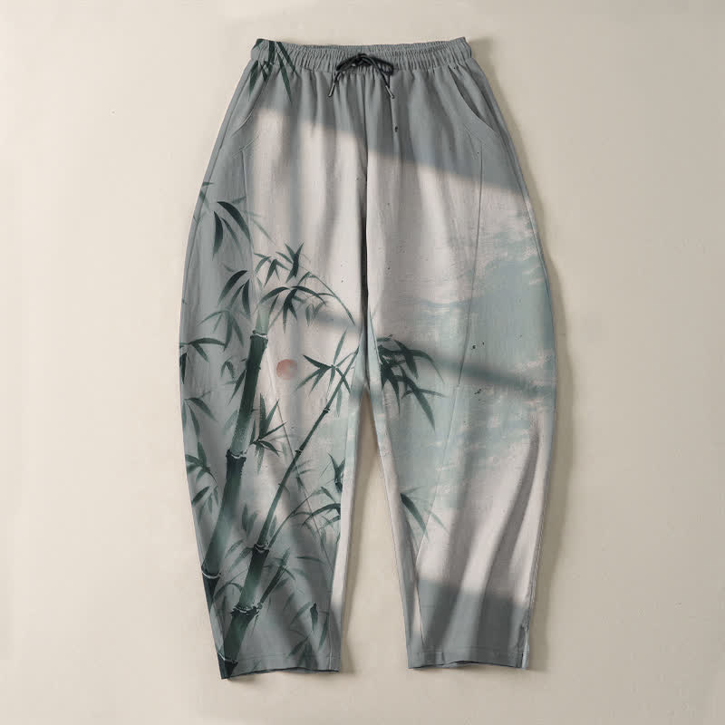 Nimara Ritual Pure Cotton Ink Bamboo Pattern Drawstring Men's Tapered Pants With Pockets