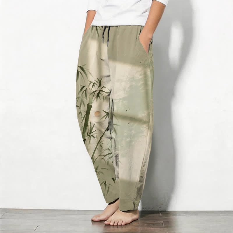 Nimara Ritual Pure Cotton Ink Bamboo Pattern Drawstring Men's Tapered Pants With Pockets