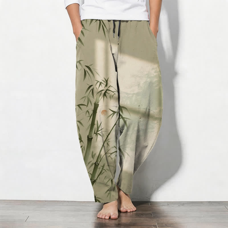 Nimara Ritual Pure Cotton Ink Bamboo Pattern Drawstring Men's Tapered Pants With Pockets