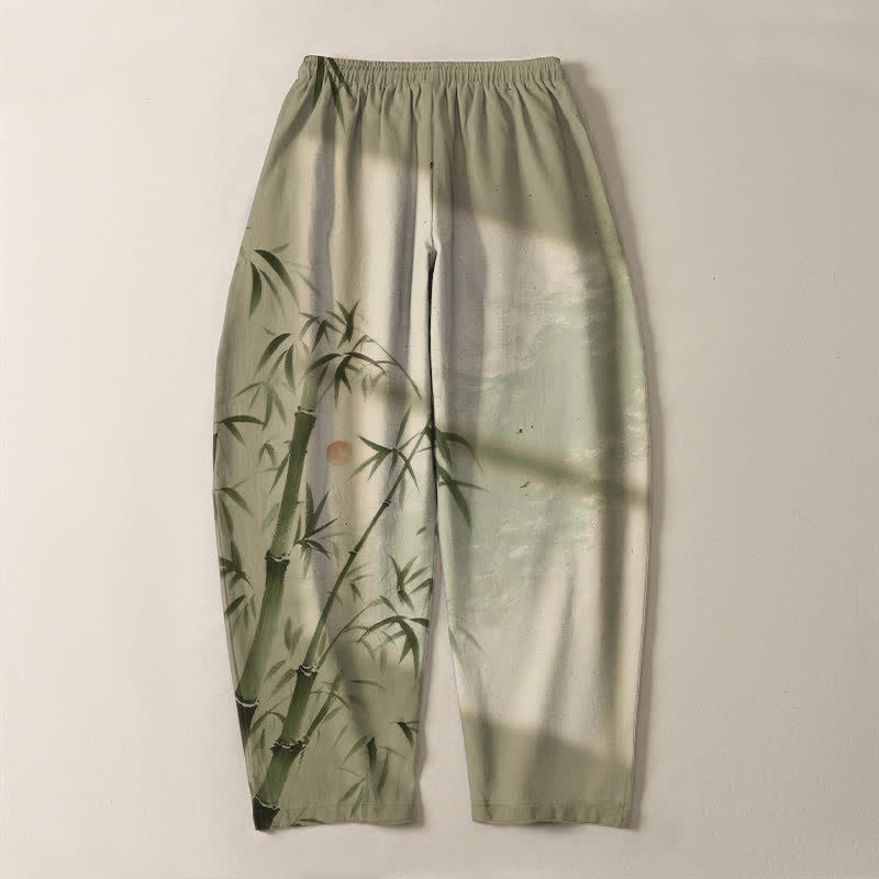 Nimara Ritual Pure Cotton Ink Bamboo Pattern Drawstring Men's Tapered Pants With Pockets