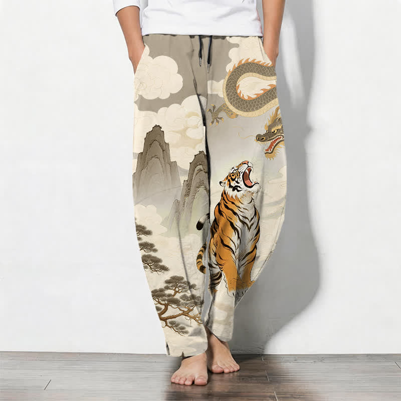 Nimara Ritual Pure Cotton Tiger Dragon Landscape Pattern Drawstring Men's Tapered Pants With Pockets