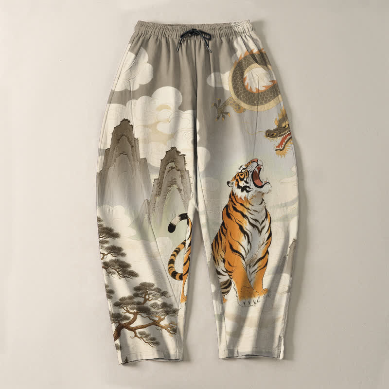 Nimara Ritual Pure Cotton Tiger Dragon Landscape Pattern Drawstring Men's Tapered Pants With Pockets