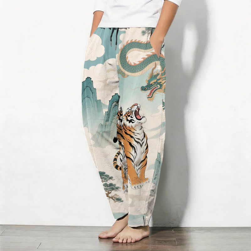Nimara Ritual Pure Cotton Tiger Dragon Landscape Pattern Drawstring Men's Tapered Pants With Pockets