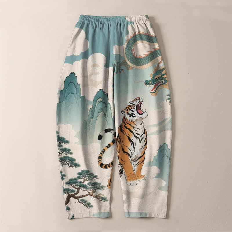 Nimara Ritual Pure Cotton Tiger Dragon Landscape Pattern Drawstring Men's Tapered Pants With Pockets