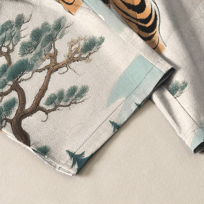 Nimara Ritual Pure Cotton Tiger Dragon Landscape Pattern Drawstring Men's Tapered Pants With Pockets