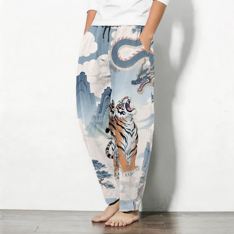 Nimara Ritual Pure Cotton Tiger Dragon Landscape Pattern Drawstring Men's Tapered Pants With Pockets