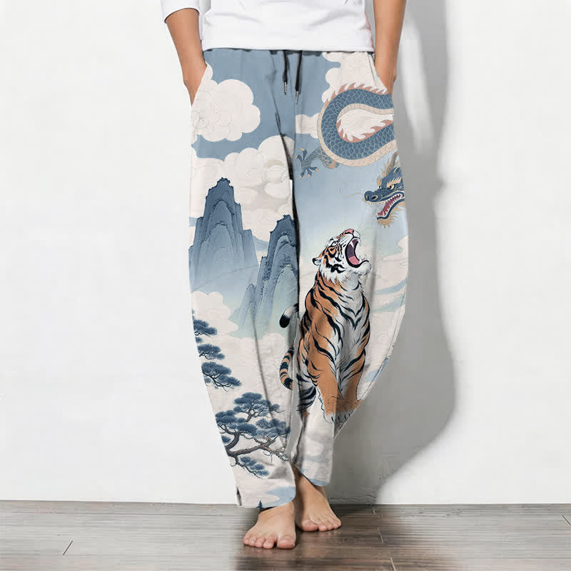 Nimara Ritual Pure Cotton Tiger Dragon Landscape Pattern Drawstring Men's Tapered Pants With Pockets