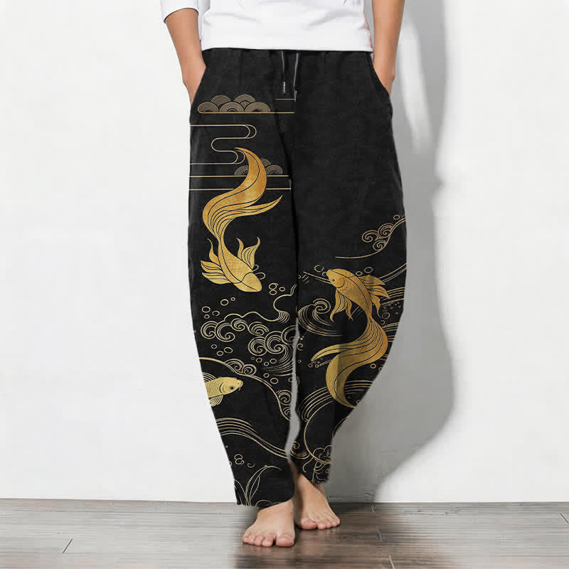 Nimara Ritual Pure Cotton Golden Koi Fish Wave Pattern Drawstring Men's Tapered Pants With Pockets