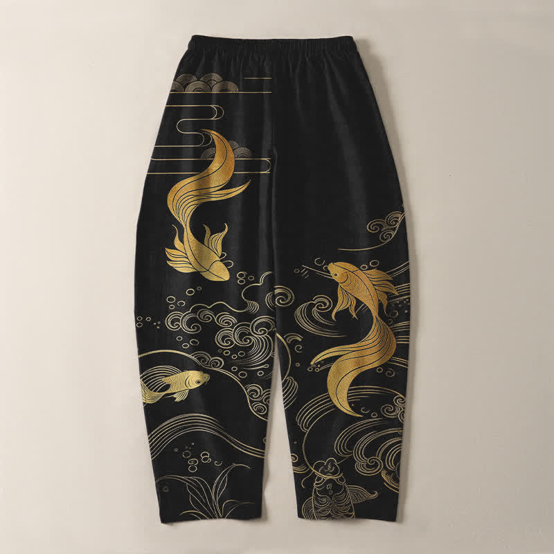 Nimara Ritual Pure Cotton Golden Koi Fish Wave Pattern Drawstring Men's Tapered Pants With Pockets