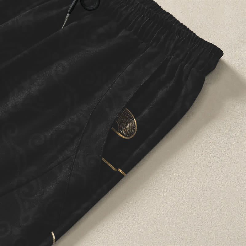 Nimara Ritual Pure Cotton Golden Koi Fish Wave Pattern Drawstring Men's Tapered Pants With Pockets