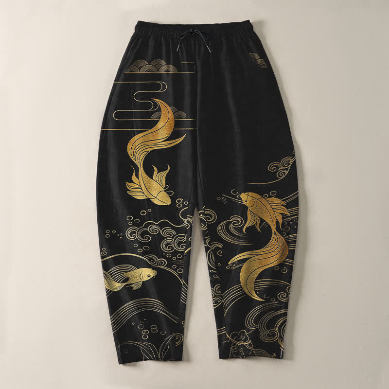 Nimara Ritual Pure Cotton Golden Koi Fish Wave Pattern Drawstring Men's Tapered Pants With Pockets