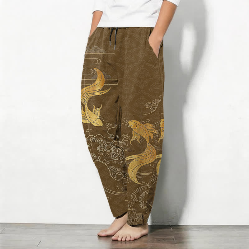 Nimara Ritual Pure Cotton Golden Koi Fish Wave Pattern Drawstring Men's Tapered Pants With Pockets