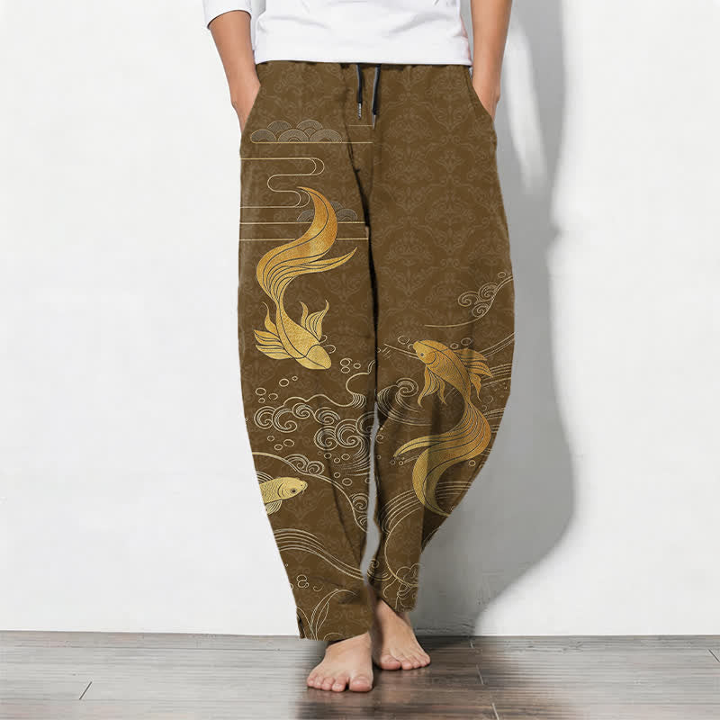 Nimara Ritual Pure Cotton Golden Koi Fish Wave Pattern Drawstring Men's Tapered Pants With Pockets