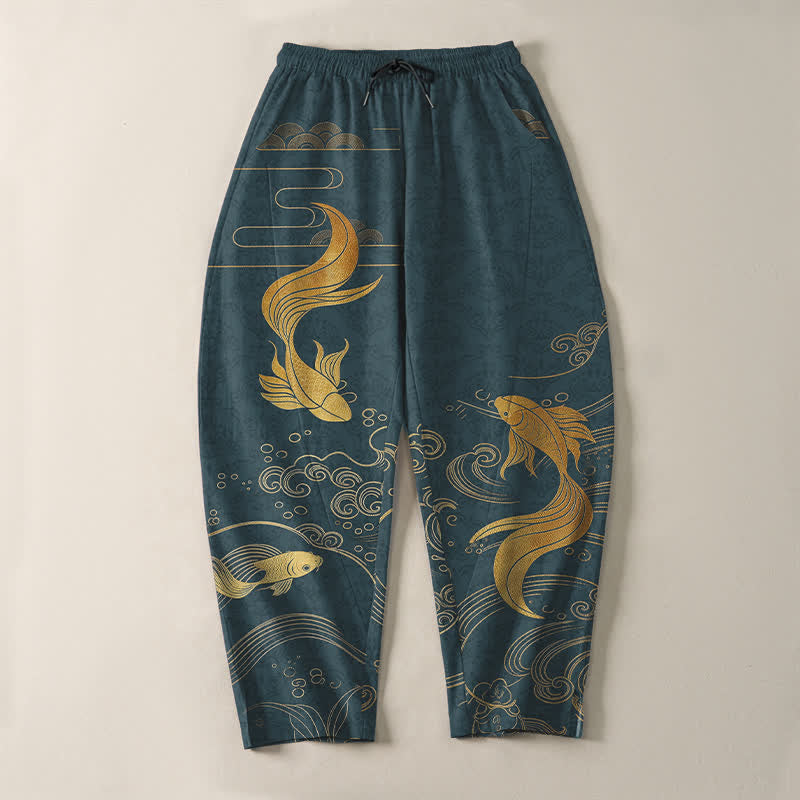Nimara Ritual Pure Cotton Golden Koi Fish Wave Pattern Drawstring Men's Tapered Pants With Pockets