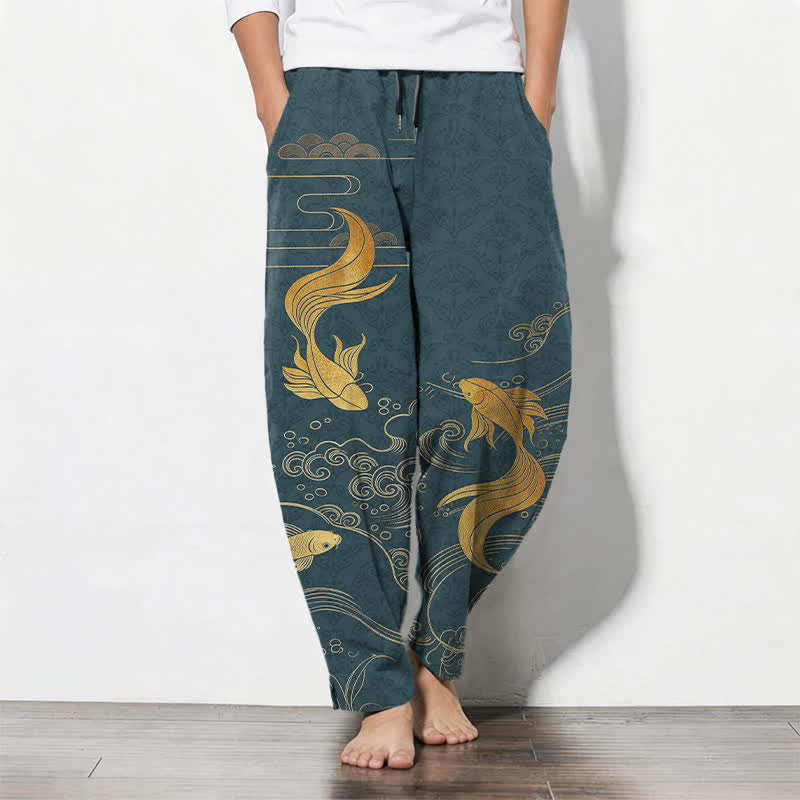 Nimara Ritual Pure Cotton Golden Koi Fish Wave Pattern Drawstring Men's Tapered Pants With Pockets