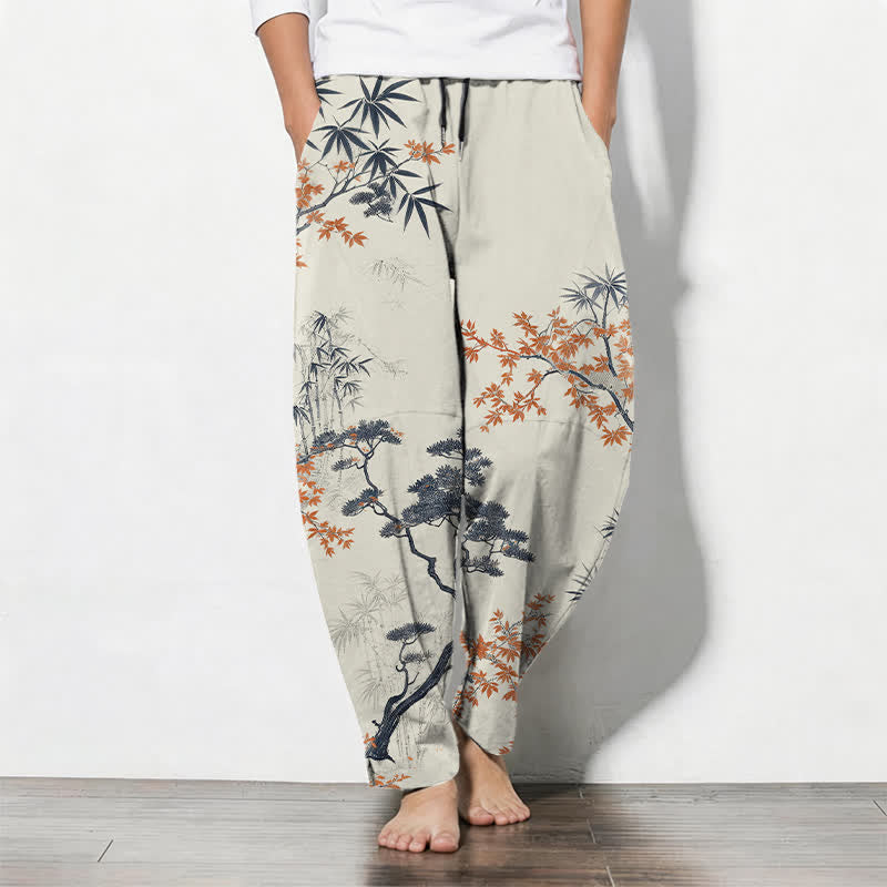 Nimara Ritual Pure Cotton Maple Bamboo Pine Pattern Drawstring Men's Tapered Pants With Pockets