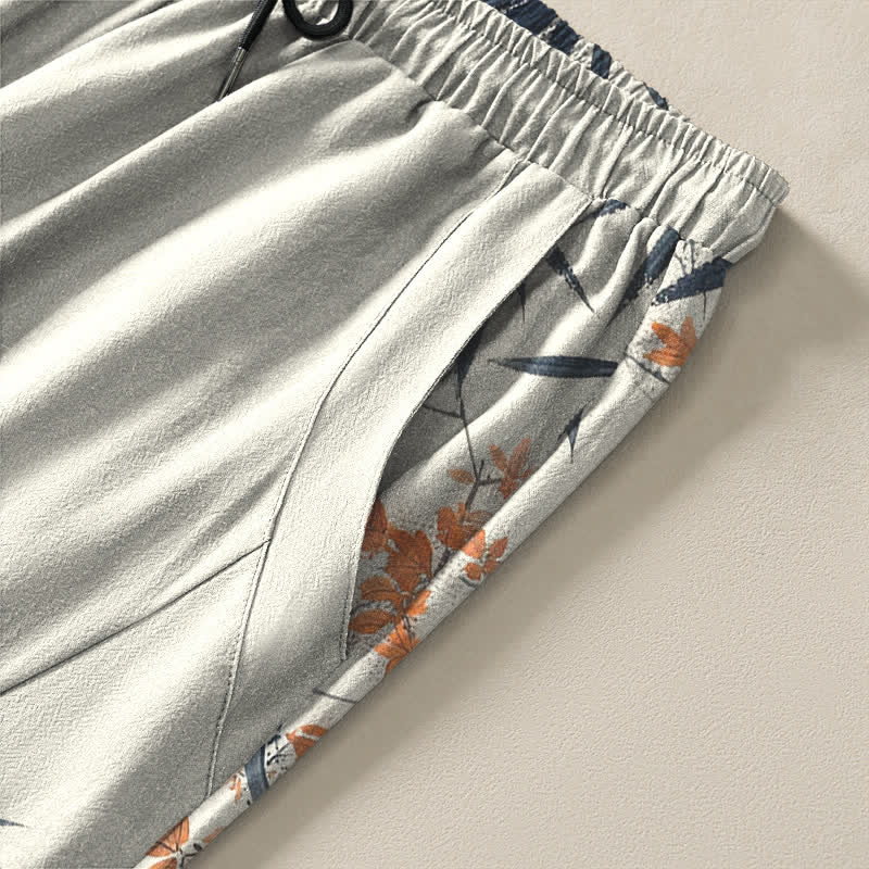 Nimara Ritual Pure Cotton Maple Bamboo Pine Pattern Drawstring Men's Tapered Pants With Pockets