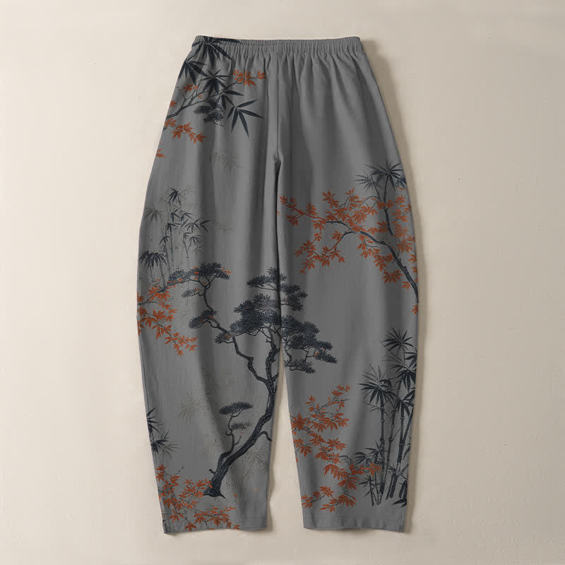 Nimara Ritual Pure Cotton Maple Bamboo Pine Pattern Drawstring Men's Tapered Pants With Pockets