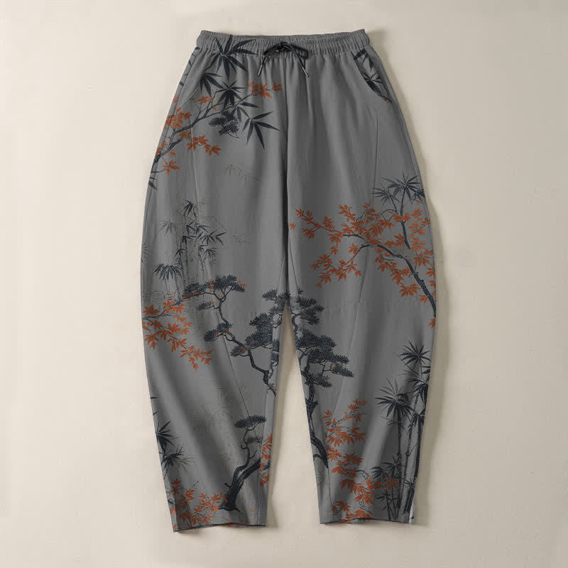 Nimara Ritual Pure Cotton Maple Bamboo Pine Pattern Drawstring Men's Tapered Pants With Pockets