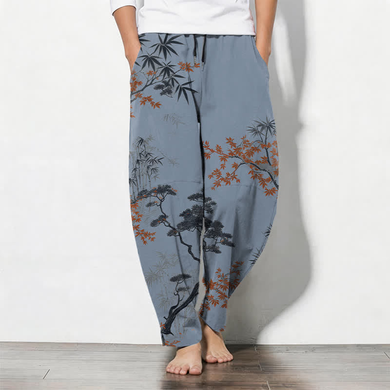 Nimara Ritual Pure Cotton Maple Bamboo Pine Pattern Drawstring Men's Tapered Pants With Pockets