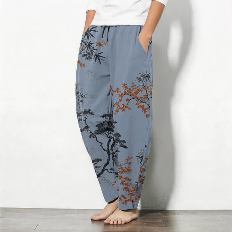 Nimara Ritual Pure Cotton Maple Bamboo Pine Pattern Drawstring Men's Tapered Pants With Pockets