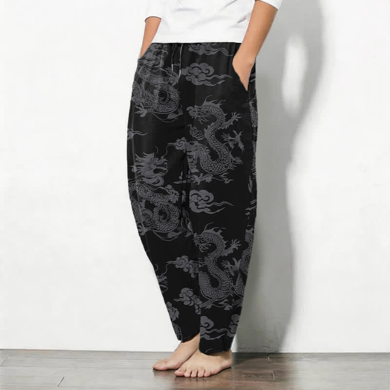 Nimara Ritual Pure Cotton Dark Dragon Cloud Pattern Drawstring Men's Tapered Pants With Pockets