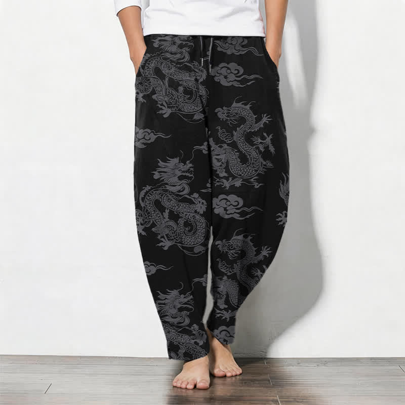 Nimara Ritual Pure Cotton Dark Dragon Cloud Pattern Drawstring Men's Tapered Pants With Pockets