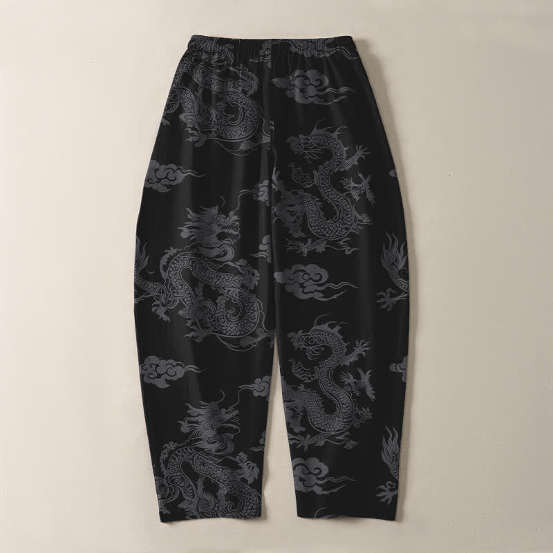 Nimara Ritual Pure Cotton Dark Dragon Cloud Pattern Drawstring Men's Tapered Pants With Pockets