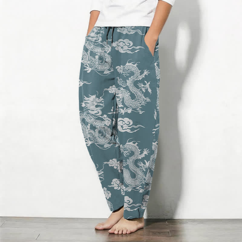 Nimara Ritual Pure Cotton Dark Dragon Cloud Pattern Drawstring Men's Tapered Pants With Pockets