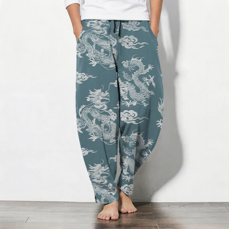 Nimara Ritual Pure Cotton Dark Dragon Cloud Pattern Drawstring Men's Tapered Pants With Pockets