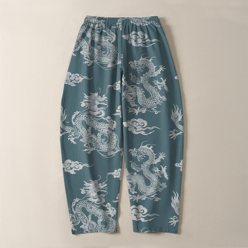 Nimara Ritual Pure Cotton Dark Dragon Cloud Pattern Drawstring Men's Tapered Pants With Pockets