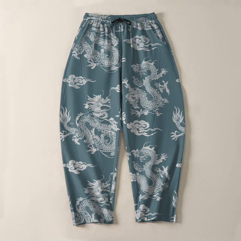 Nimara Ritual Pure Cotton Dark Dragon Cloud Pattern Drawstring Men's Tapered Pants With Pockets