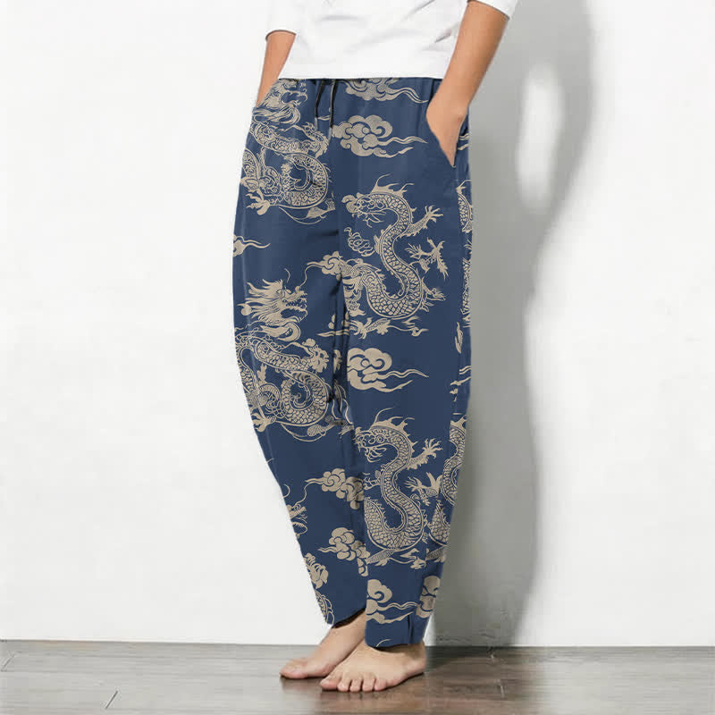 Nimara Ritual Pure Cotton Dark Dragon Cloud Pattern Drawstring Men's Tapered Pants With Pockets