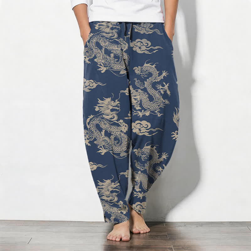 Nimara Ritual Pure Cotton Dark Dragon Cloud Pattern Drawstring Men's Tapered Pants With Pockets