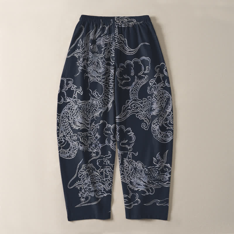 Nimara Ritual Pure Cotton Dragon Cloud Pattern Drawstring Men's Tapered Pants With Pockets