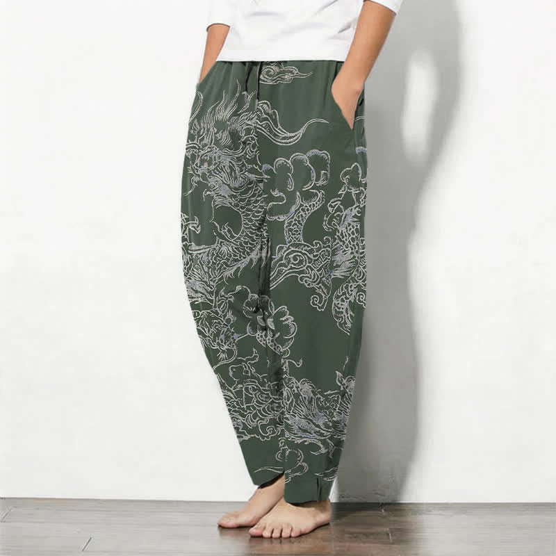 Nimara Ritual Pure Cotton Dragon Cloud Pattern Drawstring Men's Tapered Pants With Pockets