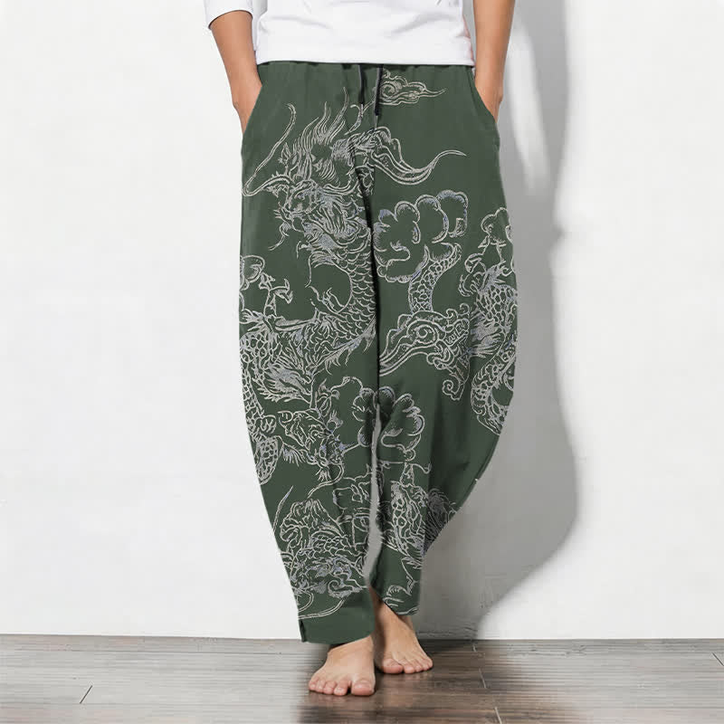Nimara Ritual Pure Cotton Dragon Cloud Pattern Drawstring Men's Tapered Pants With Pockets