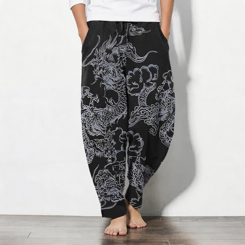 Nimara Ritual Pure Cotton Dragon Cloud Pattern Drawstring Men's Tapered Pants With Pockets