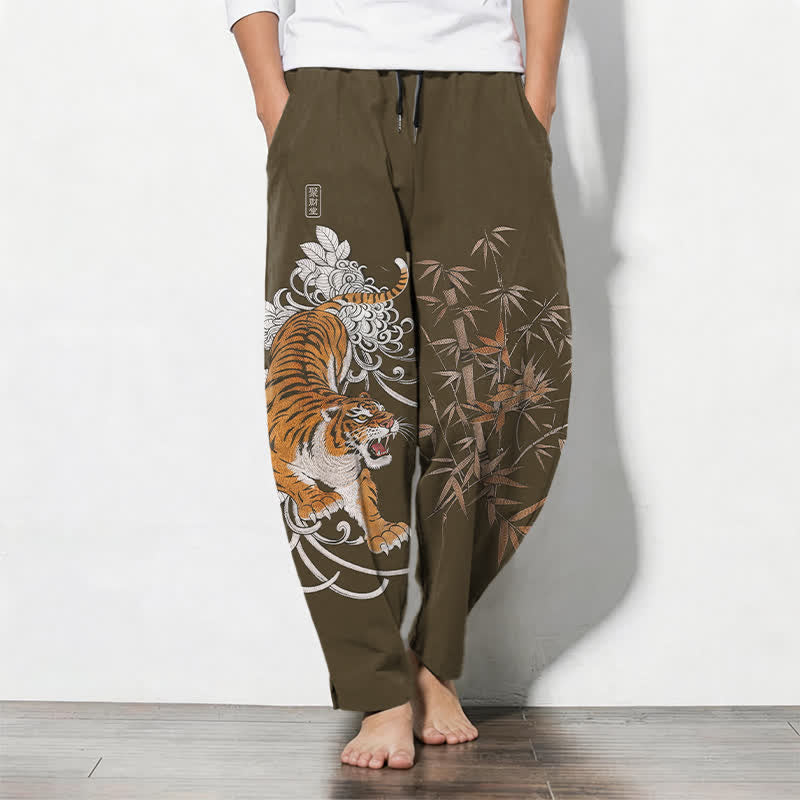 Nimara Ritual Pure Cotton Roaring Tiger Bamboo Pattern Drawstring Men's Tapered Pants With Pockets