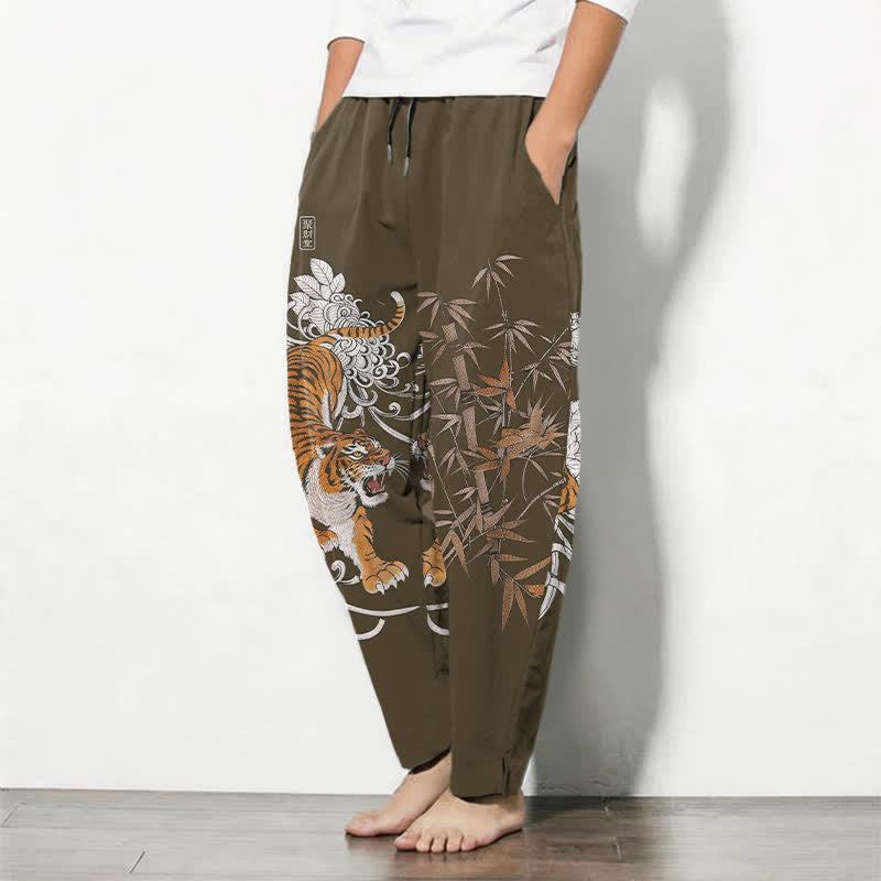 Nimara Ritual Pure Cotton Roaring Tiger Bamboo Pattern Drawstring Men's Tapered Pants With Pockets