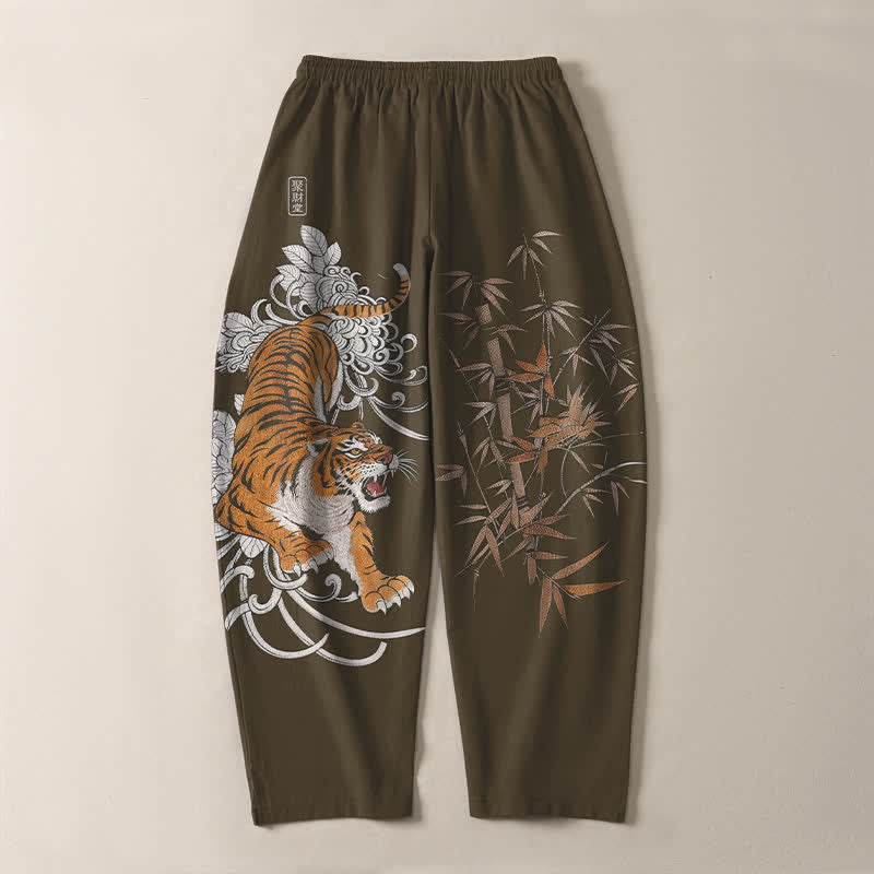 Nimara Ritual Pure Cotton Roaring Tiger Bamboo Pattern Drawstring Men's Tapered Pants With Pockets