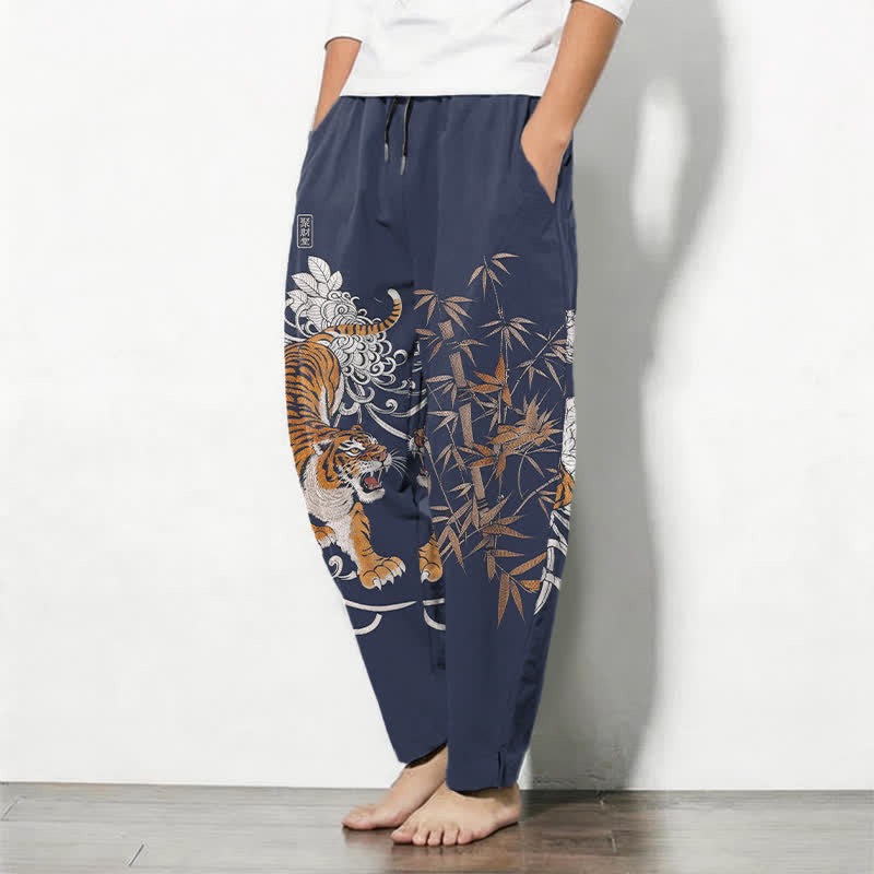 Nimara Ritual Pure Cotton Roaring Tiger Bamboo Pattern Drawstring Men's Tapered Pants With Pockets