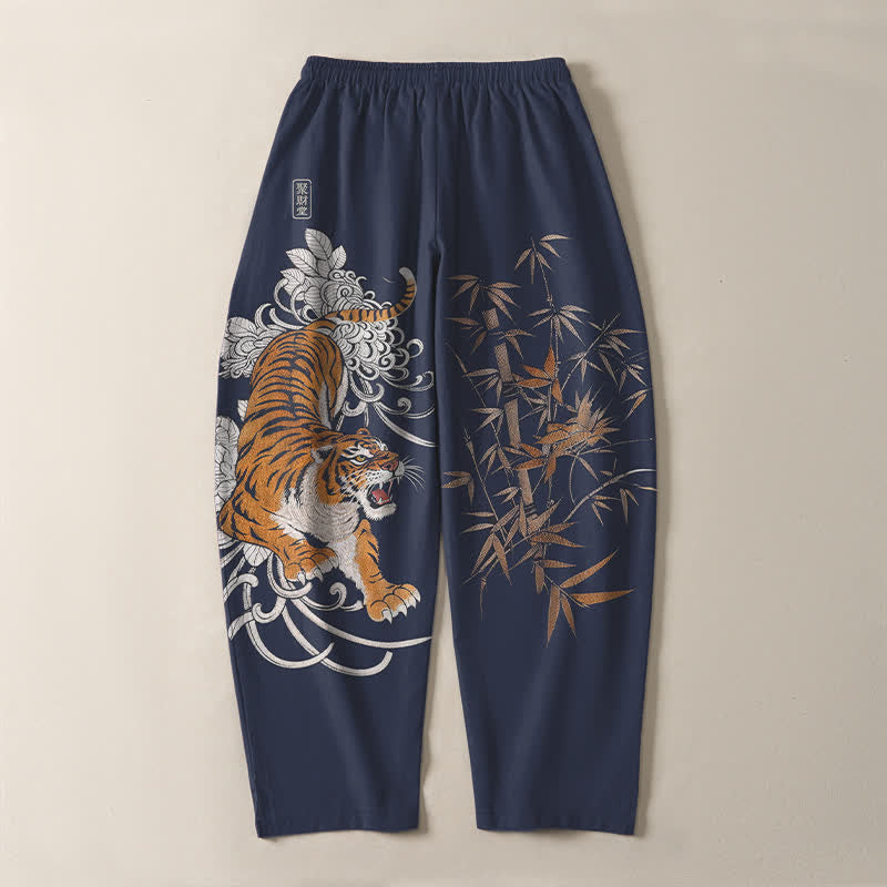 Nimara Ritual Pure Cotton Roaring Tiger Bamboo Pattern Drawstring Men's Tapered Pants With Pockets