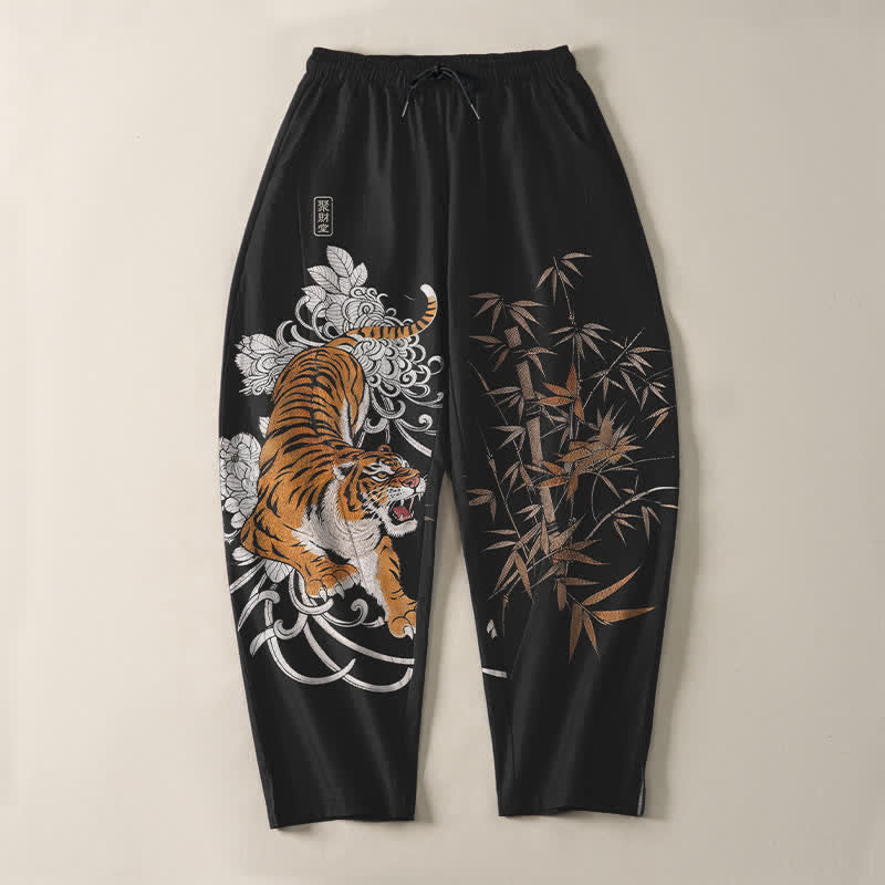 Nimara Ritual Pure Cotton Roaring Tiger Bamboo Pattern Drawstring Men's Tapered Pants With Pockets