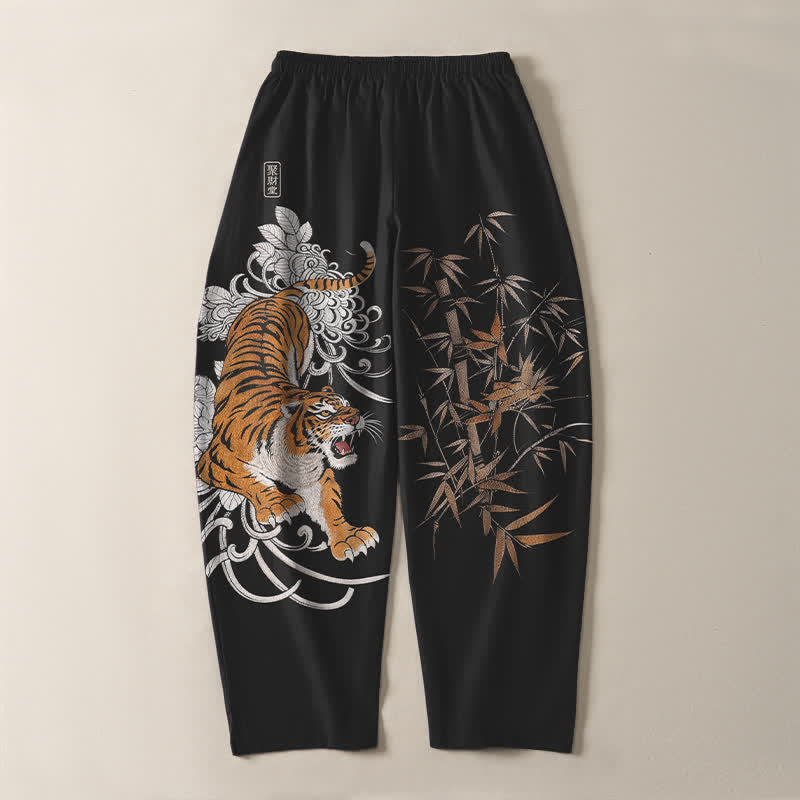 Nimara Ritual Pure Cotton Roaring Tiger Bamboo Pattern Drawstring Men's Tapered Pants With Pockets