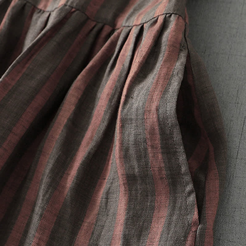 Nimara Ritual Summer Casual Vintage Button-Up Striped Women's Short Sleeve Dresses With Pocket