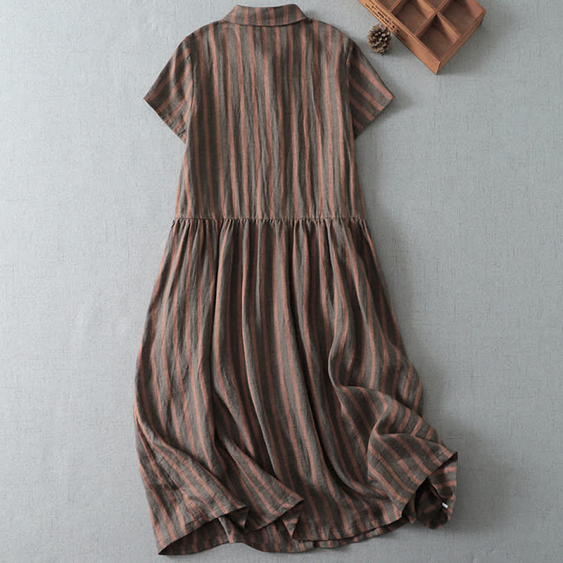 Nimara Ritual Summer Casual Vintage Button-Up Striped Women's Short Sleeve Dresses With Pocket