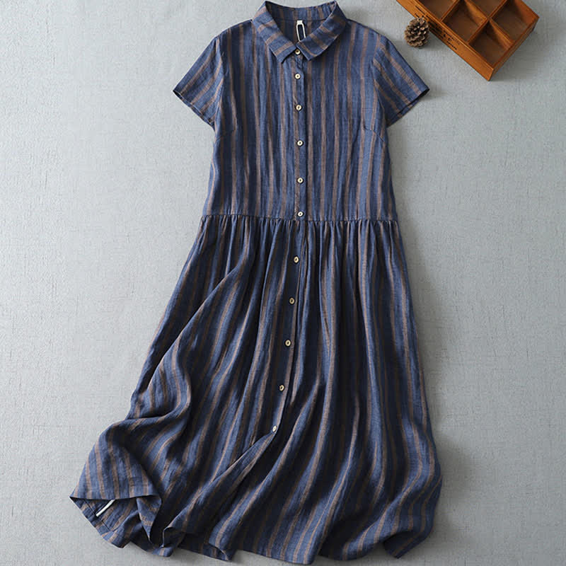 Nimara Ritual Summer Casual Vintage Button-Up Striped Women's Short Sleeve Dresses With Pocket